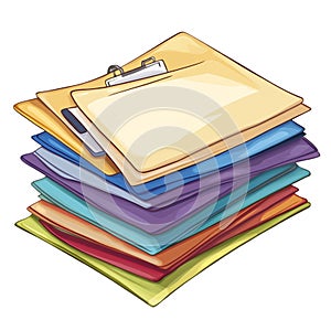 Colorful stack of files paperwork documents folders and a clipboard