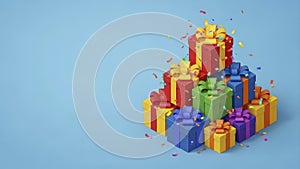 Colorful Stack of Gift Boxes with Confetti on a Blue Background