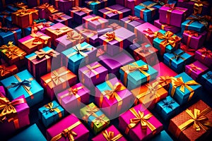 A colorful stack of gift boxes with ribbons.