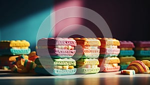 A colorful stack of gourmet sweets: macarons, cookies, and candy generated by AI