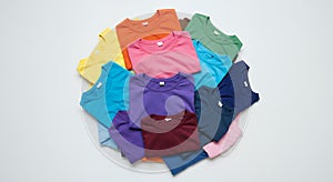 Colorful Stack of Pastel T-Shirts on White Background