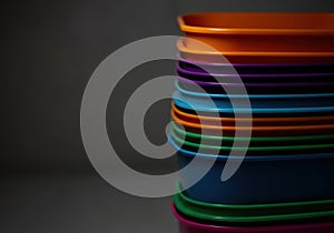 Colorful stack of plastic containers in vibrant hues