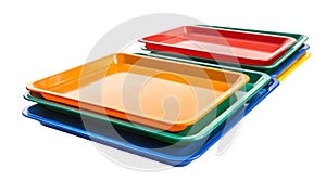 Colorful Stack of School Cafeteria Trays Isolated on White