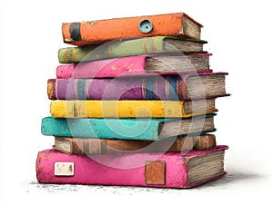 Colorful Stack of Vintage Books on White Background