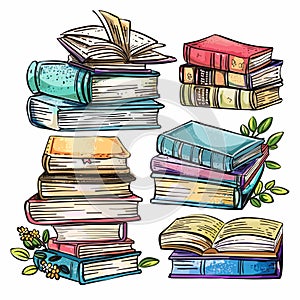 Colorful stacked books illustration, open book, sketch style, reading concept, educational