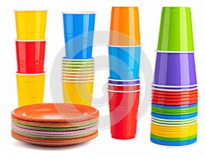 Colorful Stacked Plastic Cups and Plates