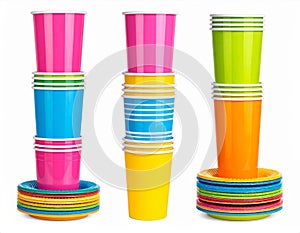 Colorful Stacked Plastic Cups and Plates