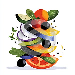 Colorful stacked vegetables white isolate background