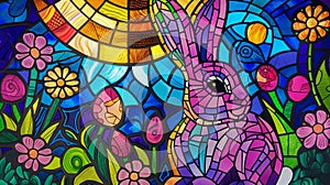 Colorful Stained Glass Artwork with Rabbit and Flowers. Generative AI