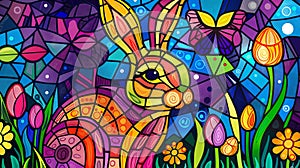 Colorful Stained Glass Artwork with Rabbit and Flowers. Generative AI