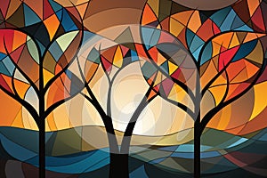 Colorful Stained Glass Style Forest At Sunset