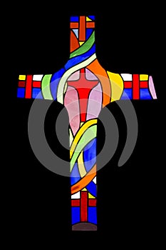 A colorful stained glass window over black background