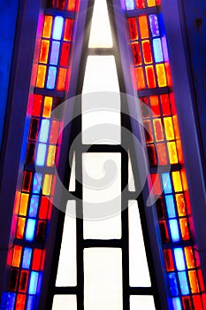 Colorful stained glass window in the church chapel at the Air Force Academy