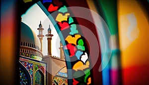 a colorful stained glass window with a dome in the middle of the picture and a colorful wall in the background with a colorful