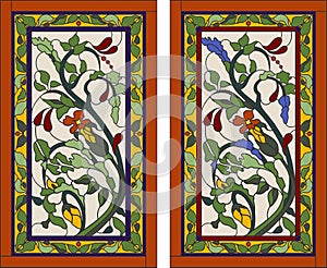 Colorful stained glass window frame in slavic style. Tiffany technique. Floral pattern in a rectangular frame. Vector