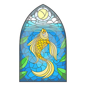 Colorful stained glass window with goldfish