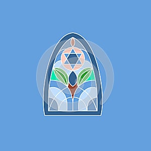 Colorful stained glass window. Jewish six-pointed Star of David. Vector illustration