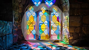 Colorful Stained Glass Window in an Old Stone Building Casting Vibrant Light. Vintage Architecture with Modern Twist