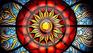 Colorful stained glass window with sun symbol. Computer generated illustration.