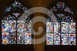 Colorful stained-glass windows in Ulm Minster, Ulm Cathedral, Ulmer Muenster, on Romantic Street in Germany