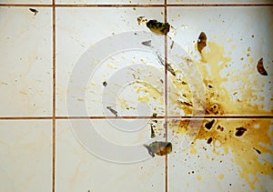 Colorful stains and broken glass on white bathroom tiles.