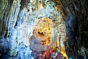 Colorful Stalactite Thien Cung cave in Ha Long Bay Vietnam