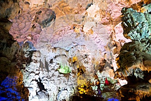 Colorful Stalactite Thien Cung cave in Ha Long Bay Vietnam