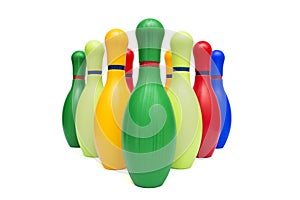 Colorful standing bowling pins, skittles isolated on white background. Group of bowling pins isolated on white background
