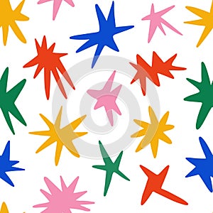 Colorful star seamless pattern. Yellow, red, green and blue childish repeating background. Cartoon bright sparkle and