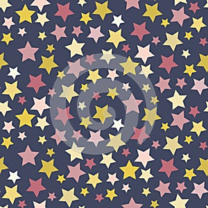 Colorful star seamless vector pattern. Pink, yellow, blue background. Dense scattered stars backdrop. Celestial shapes