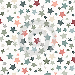 Colorful star seamless vector pattern. Pink, yellow, blue white background. Dense scattered stars backdrop. Celestial