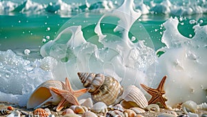 Colorful starfish and various seashells scattered on a sandy beach, Wave crashing on a beach with starfish and shells