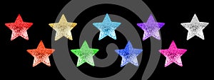 Colorful stars set black background isolated closeup, decorative shiny star shape collection, bright glitter Ð¡hristmas decoration