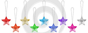 Colorful stars set on white background isolated closeup, Ð¡hristmas tree decoration, shiny star shape baubles collection, new year