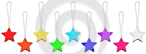 Colorful stars set on white background isolated closeup, ÃÂ¡hristmas tree decoration, shiny star shape baubles collection, new year