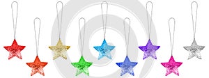 Colorful stars set on white background isolated closeup, ÃÂ¡hristmas tree decoration, shiny star shape baubles collection, new year