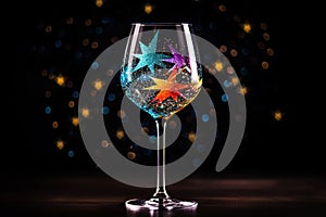 Colorful stars in a wine glass on a bokeh background. Generative AI