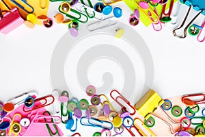 School and office supplies paper clips, pins, notes, stickers on white background