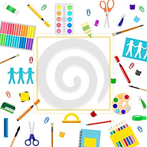 Colorful stationery frame vector illustration. Coloring pencils, pens, scissors and watercolor paints with brushes. Kids