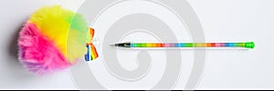 Colorful stationery. multicolored pen on white background. banner.