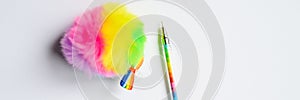 Colorful stationery. multicolored pen on white background. banner.