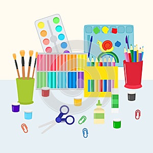 Colorful stationery set vector illustration. Coloring pencils, pens, scissors and paints with brushes. Kids and school