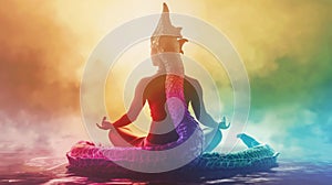 A colorful statue of Naga in meditation, with a foggy, ethereal rainbow backdrop.