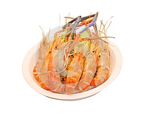 Colorful steamed shrimps in white paper dish isolated on white background with clipping path