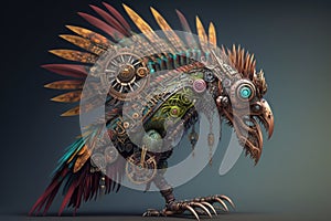 Colorful steampunk bird with clock on head