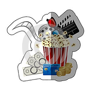 colorful sticker with popcorn cup with glasses 3D and clapper board and money and movie tickets in front