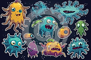Colorful sticker set of monster like characters viruses and bacterias