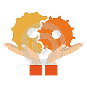 Colorful sticker silhouette of hands holding a gear wheel icon