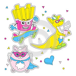 Colorful Stickers pack. Set of cute cartoon characters. Little superman cat, magic kangaroo, french fries