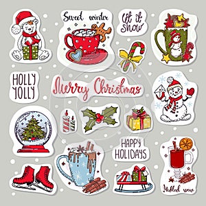 Colorful stickers set of icons. Christmas and new year elements. Vector illustration. Isolated on a gray background